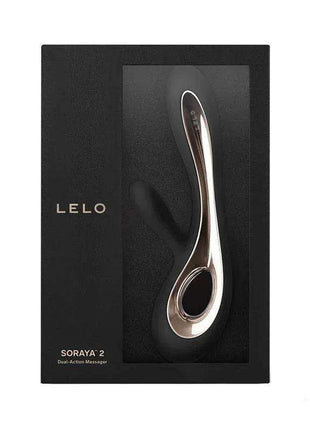 SORAYA 2 Black dual-action massager in metallic silver and black, displayed on black LELO packaging
