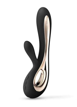SORAYA 2 Black personal massager in matte black with a rose gold metallic inset and curved ergonomic shape