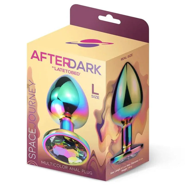 Space Journey multicolor silicone butt plug Size L with jewel base, waterproof and ergonomic design