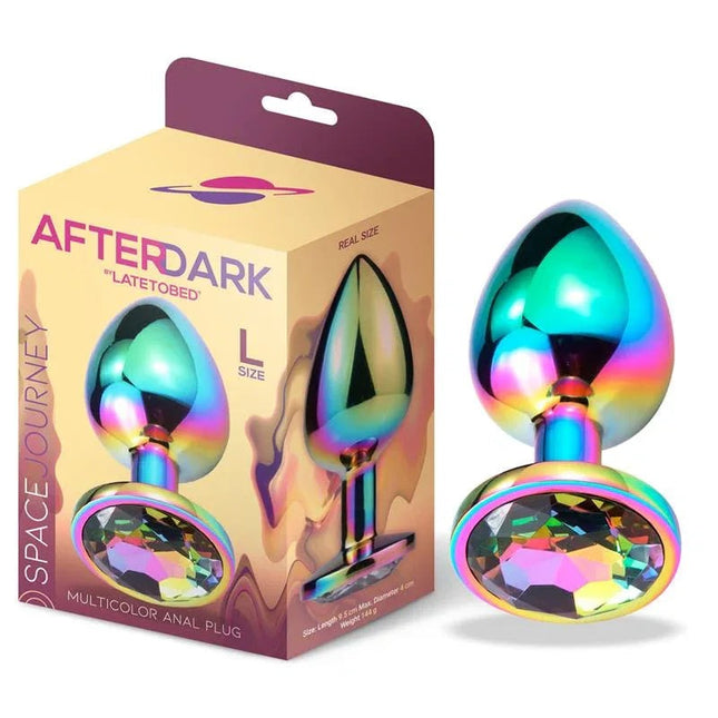 Space Journey multicolor silicone butt plug Size L with jewel base and ergonomic design