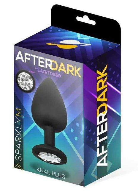 Sparkly Butt Plug shown in branded After Dark retail packaging, with a black silicone plug and sparkling gem-like accents