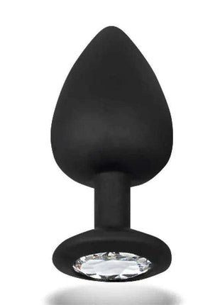 Sparkly Butt Plug with a smooth black silicone teardrop-shaped body and a clear faceted jewel set in its flared base