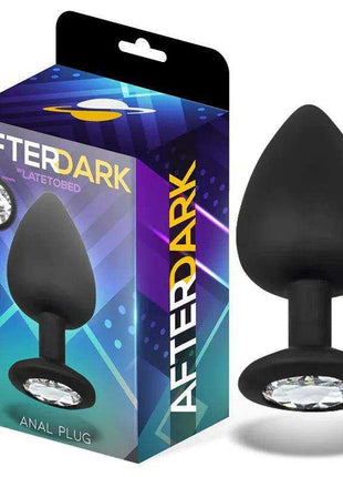 Sparkly Butt Plug in black with a smooth silicone teardrop tip and clear faceted jewel set in the flared base