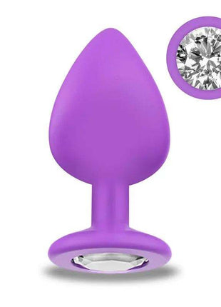 Medium violet sparkly butt plug with tapered tip and flared base