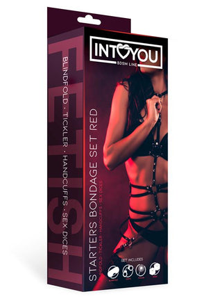 Starters Bondage Set in a dark red and black four-piece package, with bold white lettering and a model wearing black straps