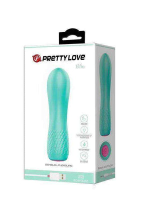 Stimulator Elfin Silicone in turquoise, with a smooth rounded tip and textured patterned grip, shown on its retail box