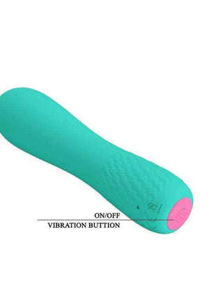 Stimulator Elfin Silicone in turquoise with a textured flexible body and pink end cap featuring an on/off vibration button