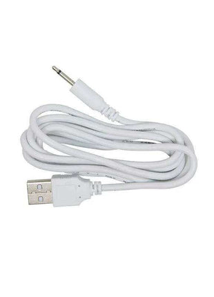Stimulator Elfin Silicone charging cable with white coiled cord, USB-A connector and small metal-tipped plug