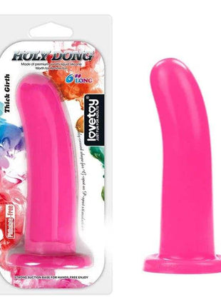 Stimulator Holy Dong 6 pink silicone dildo with a smooth curved shaft and wide suction-cup base, shown beside packaging