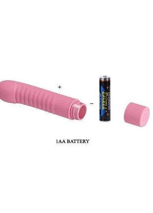 Stimulator Mick Silicone Pink silicone vibrator with a ribbed grip, shown with its removable cap and one AA battery.