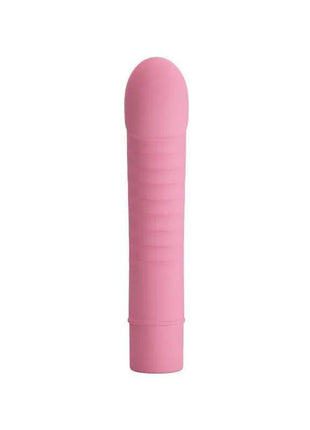 Stimulator Mick Silicone Pink vibrator with a smooth pink silicone body, rounded tip and subtle horizontal ridges.