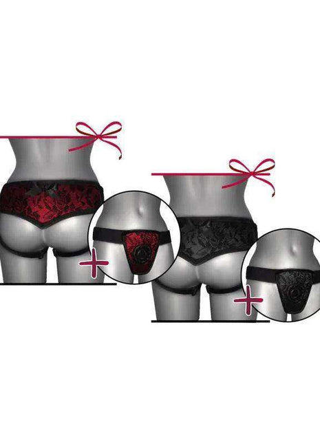Strap On de Luxe Black underwear set showing black and red lace briefs, plus black lace briefs with decorative bow ties
