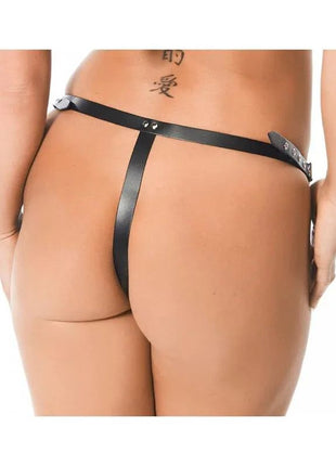 Strap-on Harness with 17cm Dildo featuring a black leather-look adjustable waist strap and slim vertical thong strap
