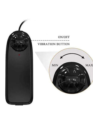 Strap-on with Dildo vibration controller, black glossy casing with a top-mounted on/off button and adjustable intensity dial