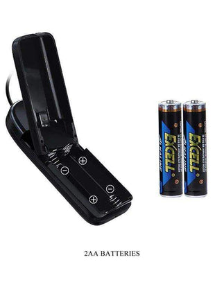 Strap-on with Dildo battery compartment shown open beside two AA batteries, with a black plastic interior and controls
