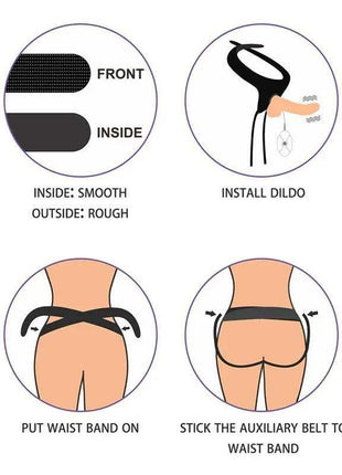 Strap-on with Dildo with Vibration assembly guide showing black adjustable straps, textured panels and illustrated fitting steps