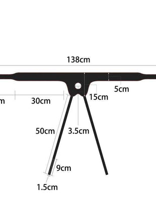 Strap-on with Dildo with Vibration, black adjustable harness with long straps and a central circular opening, shown with measurements