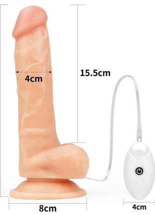 Strap-on with Dildo with Vibration, peach-toned realistic silicone dildo with a rounded base and wired control