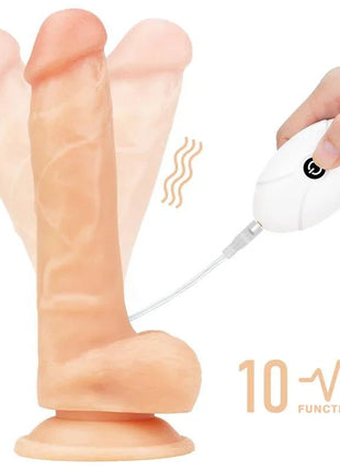 Strap-on with Dildo with Vibration featuring a peach-toned silicone dildo, suction base and wired remote with ten functions