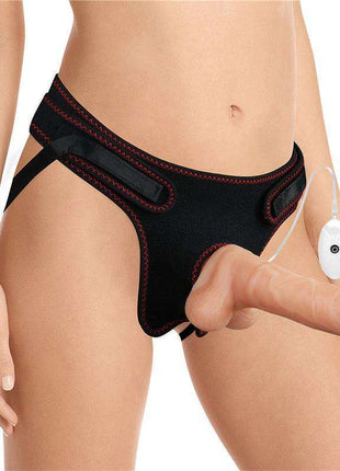 Adjustable strap-on with vibrating dildo in body-safe silicone for couples and solo play