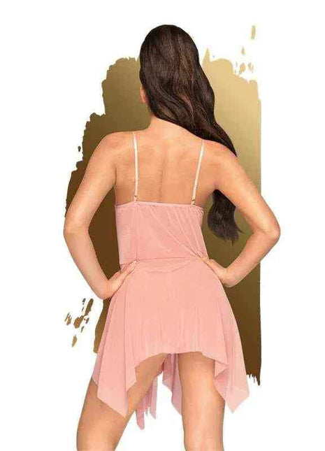 Sweet Beast Chemise in sheer blush pink fabric with thin adjustable straps and an asymmetrical, flowing hem
