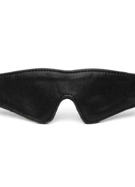 Synthetic Leather Blindfold in black textured material, shaped eye cover with stitched edges and adjustable side straps.