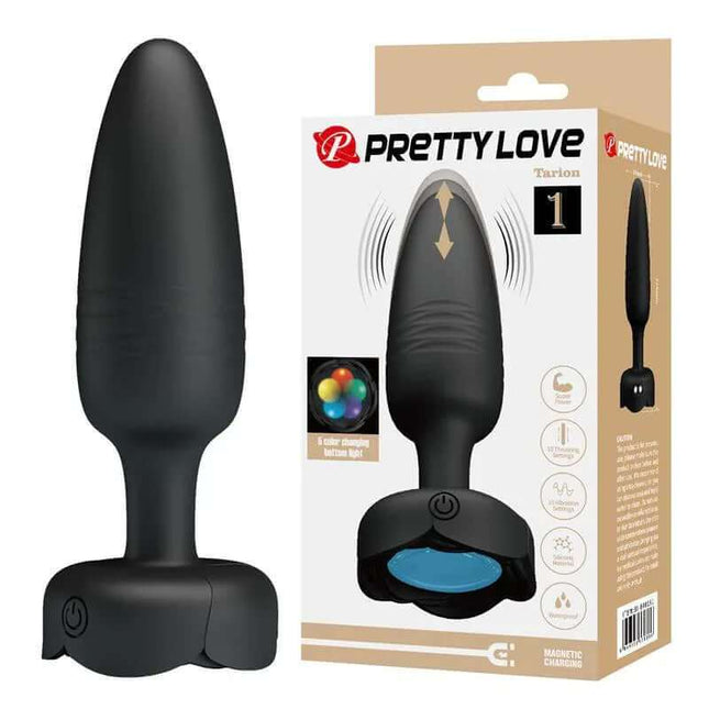 Tarion Butt Plug in black silicone with vibration, thrusting motions, and LED mood lighting for customizable intimate pleasure
