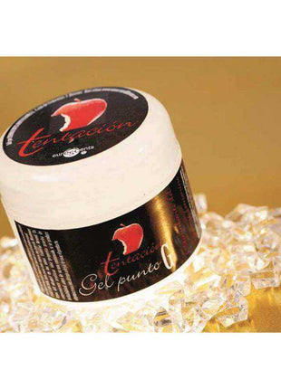 Tentation Gel Orgasmic for Her gel in a black-and-white jar with red branding and a white lid