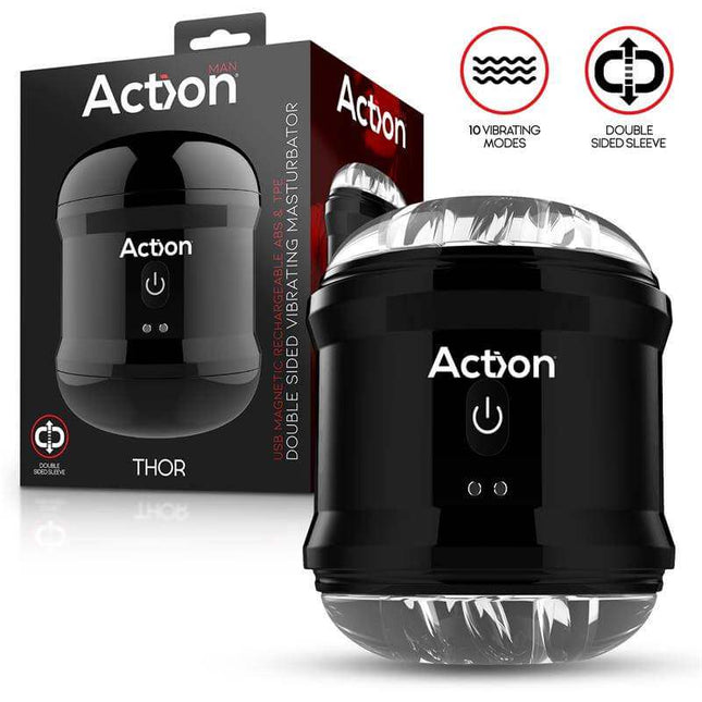 Thor Double Sided Vibrating Masturbator with dual-entry, 10 vibration modes, compact waterproof design, and magnetic USB charging.