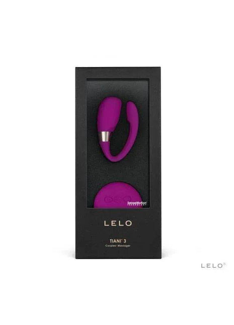 TIANI 3 Deep Rose vibrator set in a black LELO box, showing two deep rose silicone pieces with metallic accents.