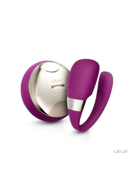 TIANI 3 Deep Rose wearable vibrator in deep purple silicone with a silver control unit and curved dual arms