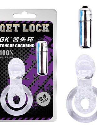 Tongue-Clear Vibrating Ring in transparent soft material, with textured bulb, circular ring and separate silver battery unit