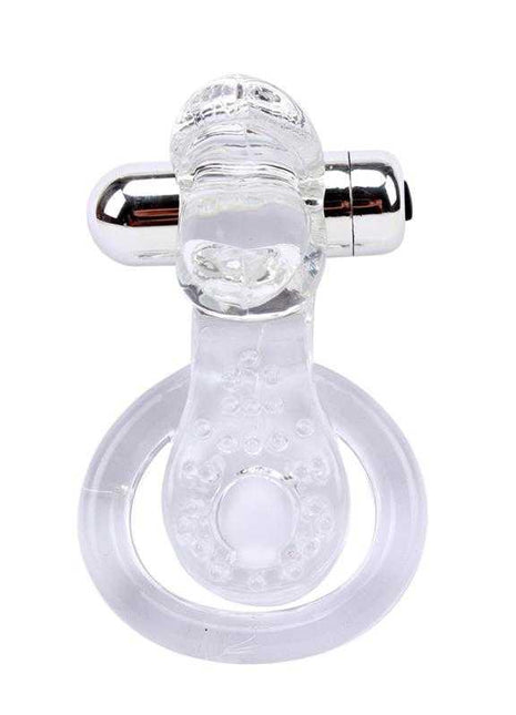 Tongue-Clear Vibrating Ring in transparent soft material, featuring a textured tongue-shaped extension and metallic vibration unit