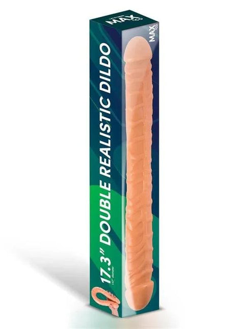 Trent Double Realistic Dildo in flesh colour, with a ridged, lifelike shaft and rounded ends, shown in retail packaging.