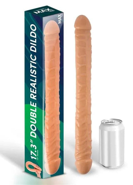 Trent Double Realistic Dildo in flesh-toned material, double-ended with a ridged, lifelike shaft beside its box