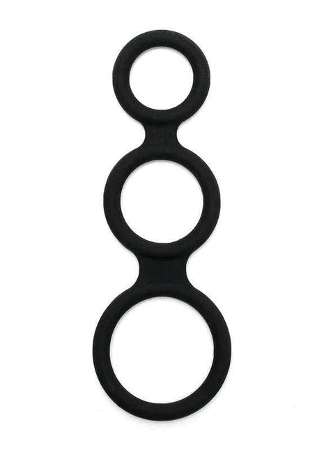 Triple Cock Ring Black with three connected circular loops in graduated sizes and a smooth, flexible-looking black finish