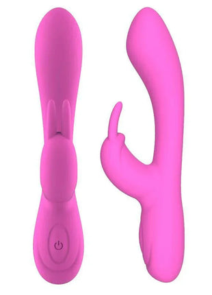 Unibody Liquefied Silicone Vibe in bright pink, with a smooth flexible body, curved shaft, and rabbit-ear stimulator