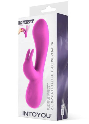Unibody Liquefied Silicone Vibe in bright pink, with a flexible rabbit-ear stimulator and smooth curved body