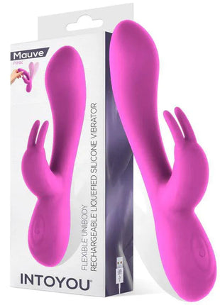Unibody Liquefied Silicone Vibe in bright pink silicone, with a flexible rabbit-ear stimulator and one-button control