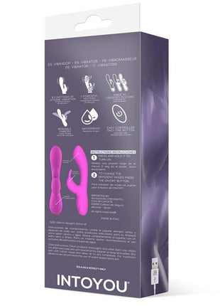 Unibody Liquefied Silicone Vibe in a purple product box with pink dual-stimulation vibrator illustrations and USB charging icon