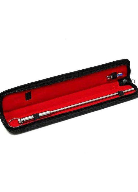 Urethral vibrating sound with a slim silver metal rod and looped end in a black zip case with red lining