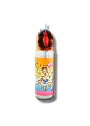 Vagina Shapes Baby Bottle with a clear body, colourful cartoon character print, yellow band and dark red top