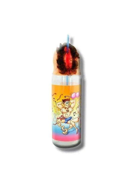 Vagina Shapes Baby Bottle with a clear body, colourful cartoon character print, yellow band and dark red top