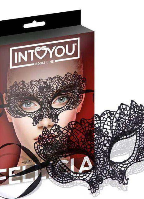 Venetian Mask No. 2 in black floral lace, with ornate eye and lower-face panels and attached ribbon ties