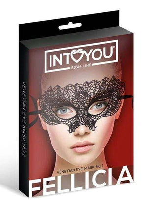Venetian Mask No. 2 black lace eye mask with an intricate floral pattern, shown on product packaging