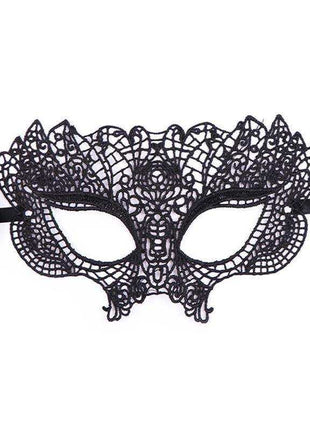 Venetian Mask No. 2 in black lace with an intricate floral openwork pattern, eye openings, and satin ties