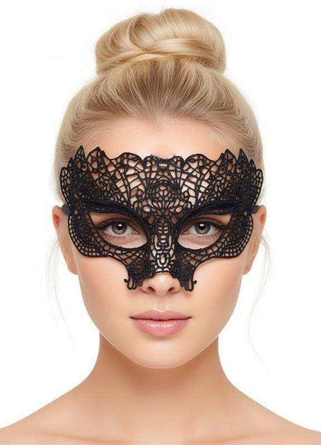 Venetian Mask No. 2 in black lace with an intricate openwork pattern and dramatic eye-shaped design