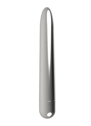 Vibe 10 Vibrating Functions vibrator in smooth silver with a sleek tapered shape and small circular base opening