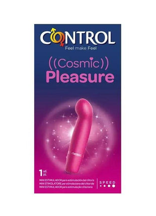 Vibrator Vibe Cosmic Pleasure in bright pink with a smooth curved shape, shown on navy and magenta packaging