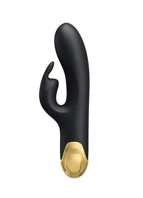 Vibe Double Pleasure vibrator in black with a smooth curved shaft, hooked side arm and gold-toned base